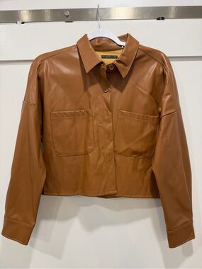 Simply Blessed Women’s XS Brown Faux Leather Cropped Shacket Button Up Jacket